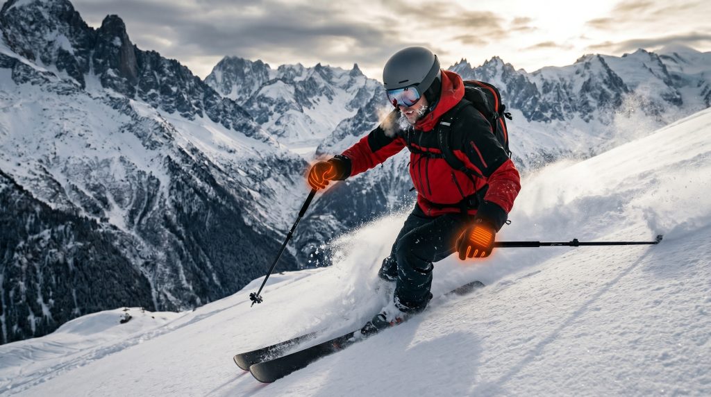 Outdoor sports user wearing heated gloves in snowy environment