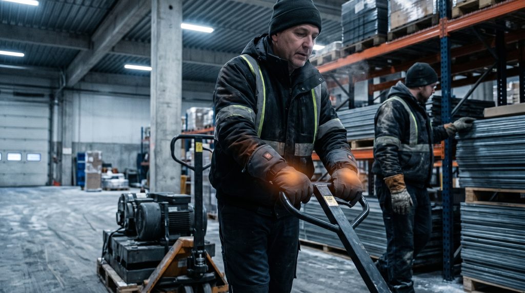 Workers using heated gloves in cold industrial construction environment