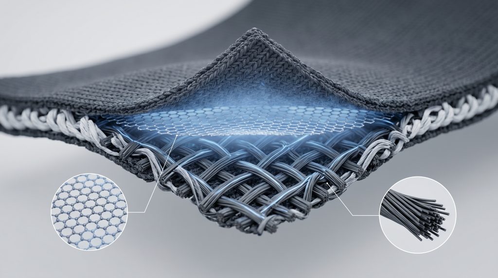 Carbon fiber and graphene heating elements embedded in textile fabric showing conductive heating layer structure in wearable clothing