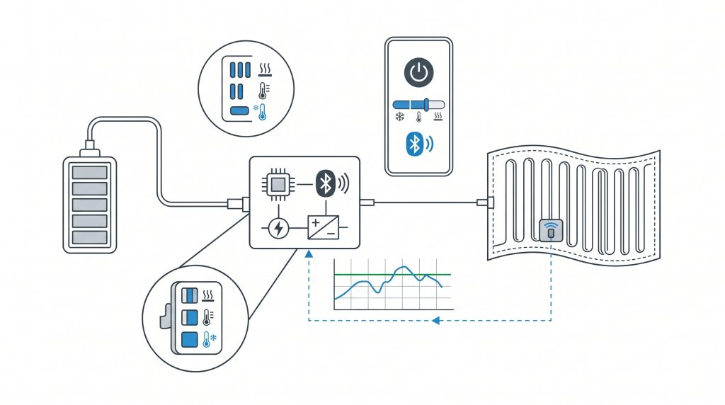 Smart wearable heating system with battery control, three level temperature adjustment, APP control, and automatic temperature sensing